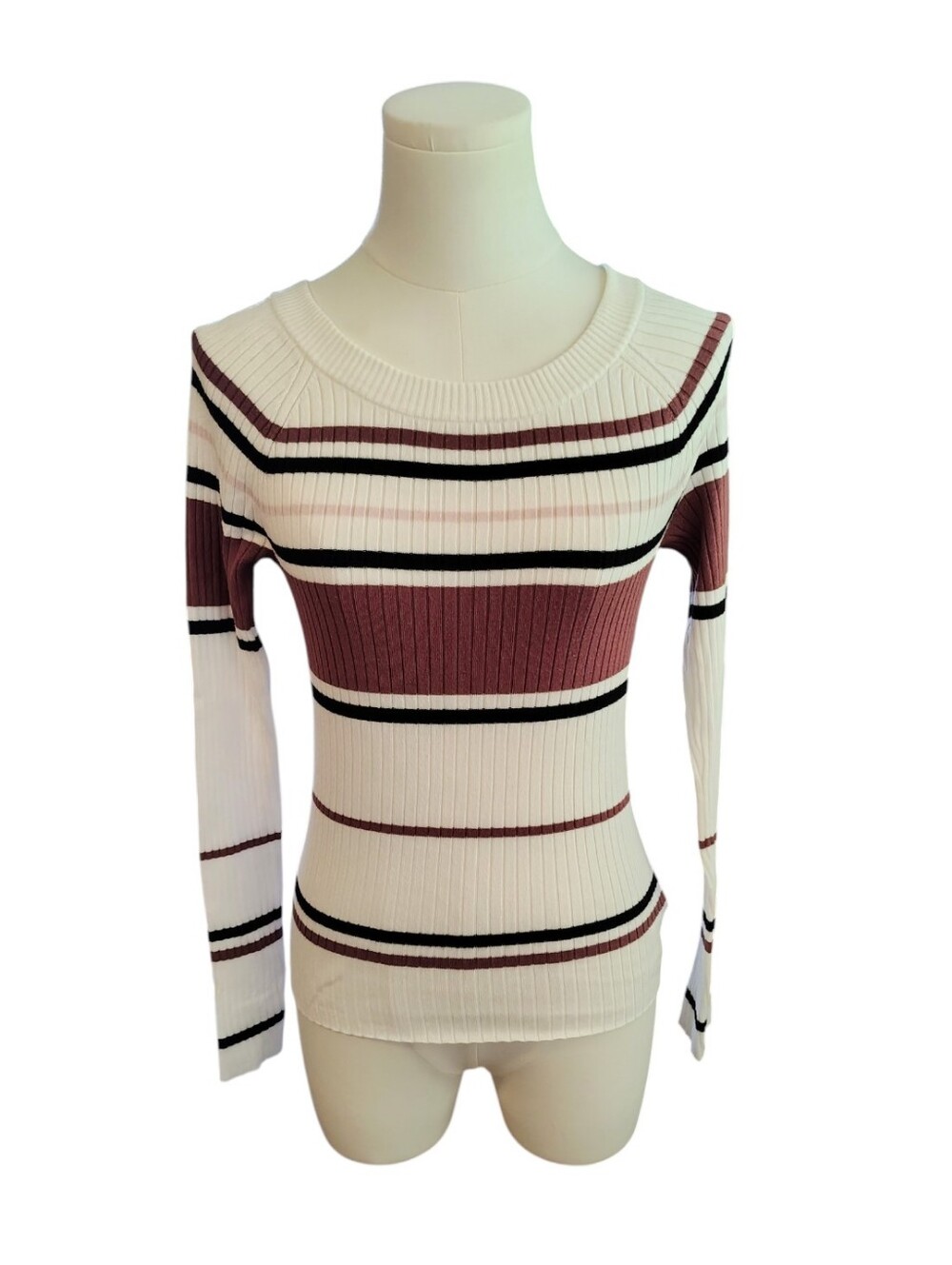 Express Cream Maroon Pink and Black Striped Ribbed Stretchy Sweater Size Small